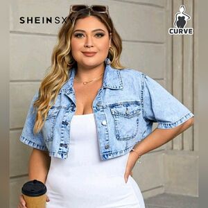 SHEIN SXY Plus Flap Pocket Crop Denim Blouse